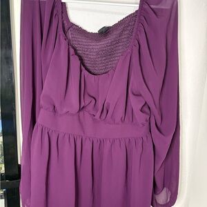 Purple Smocked Neck Long Sleeve